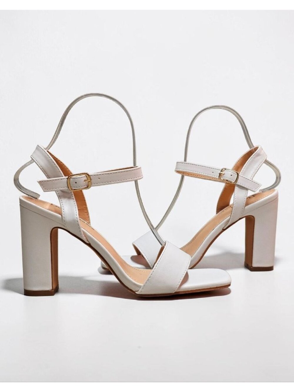 White Block Heeled Sandals With Adjustable Ankle Strap & Open Toe Design – Elega